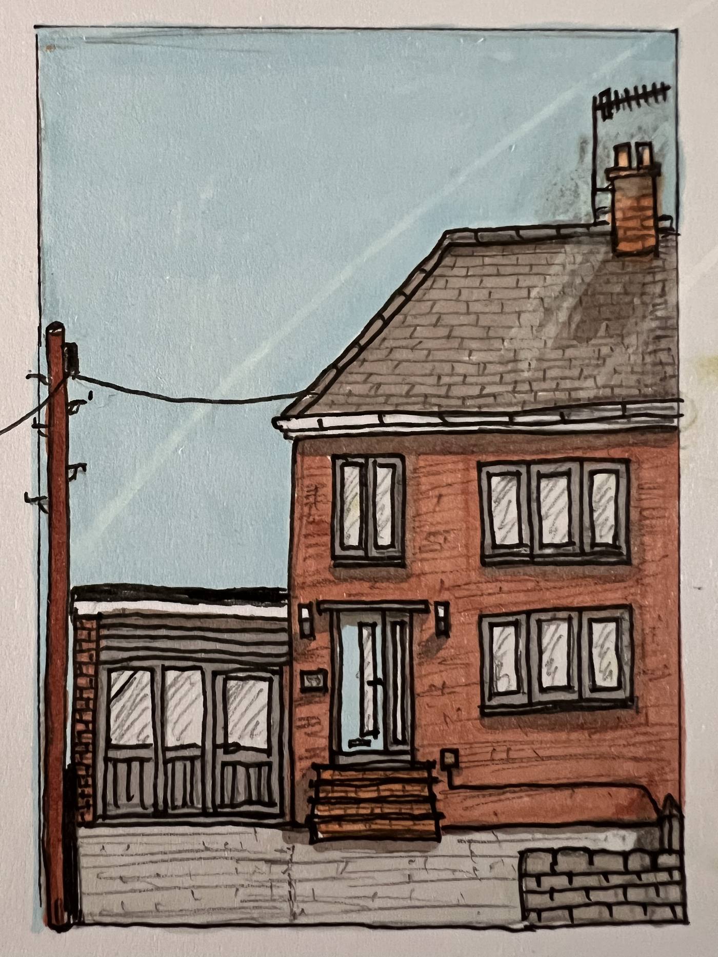 Pen and wash illustration of a brick house