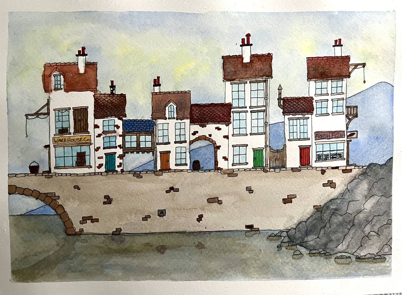 Watercolour townscape of harbourside buildings