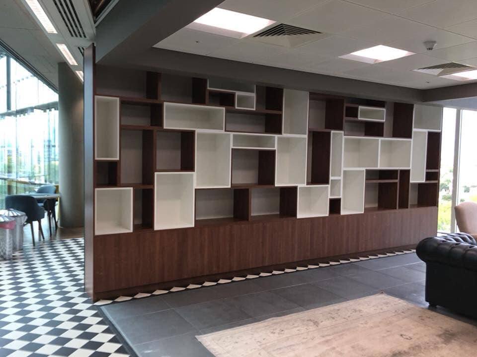 Modern cube-style shelving wall