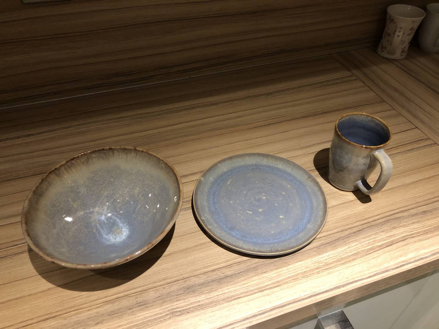 Blue glazed bowl, plate and mug set