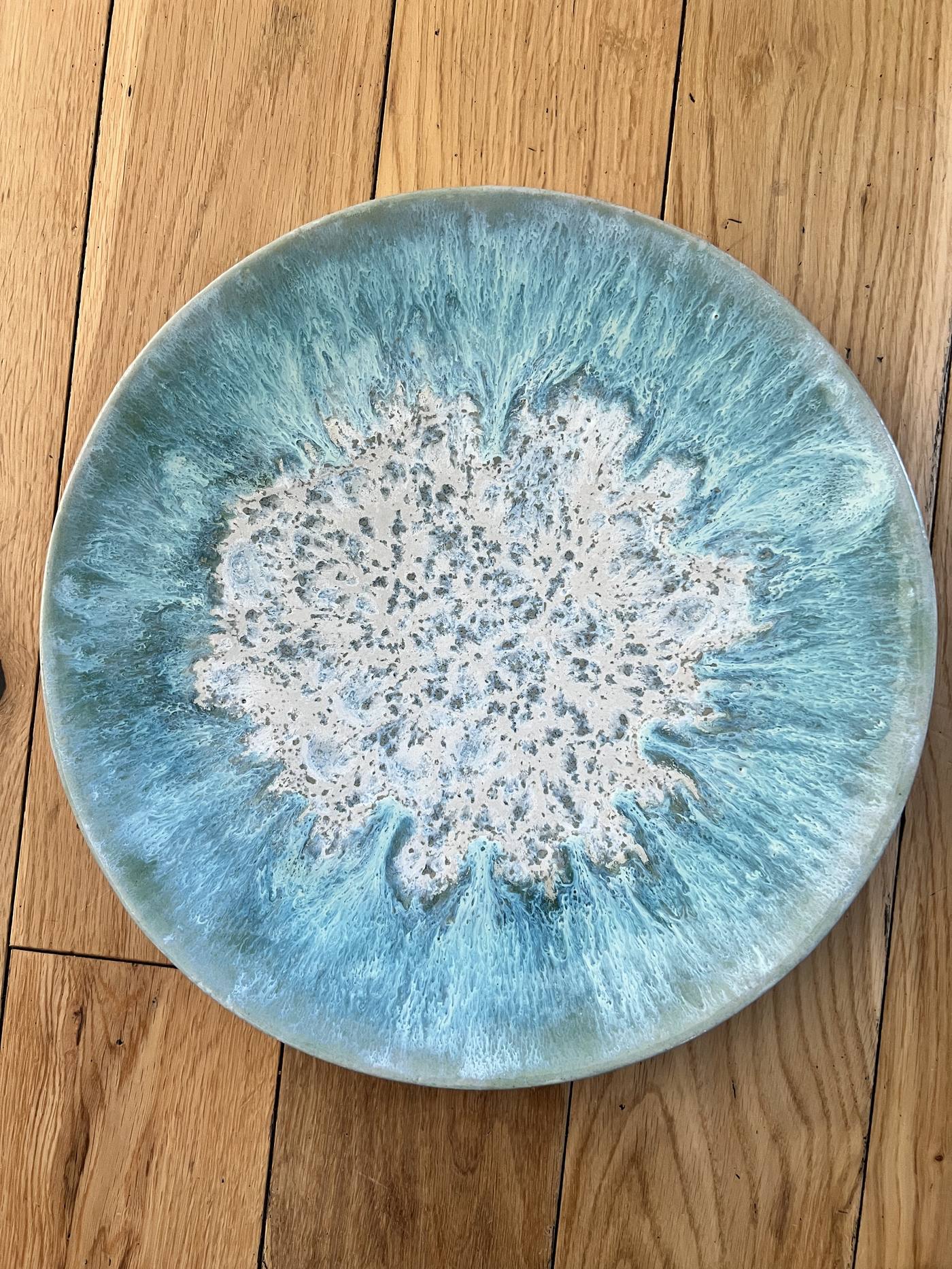 Large teal crystalline glazed platter